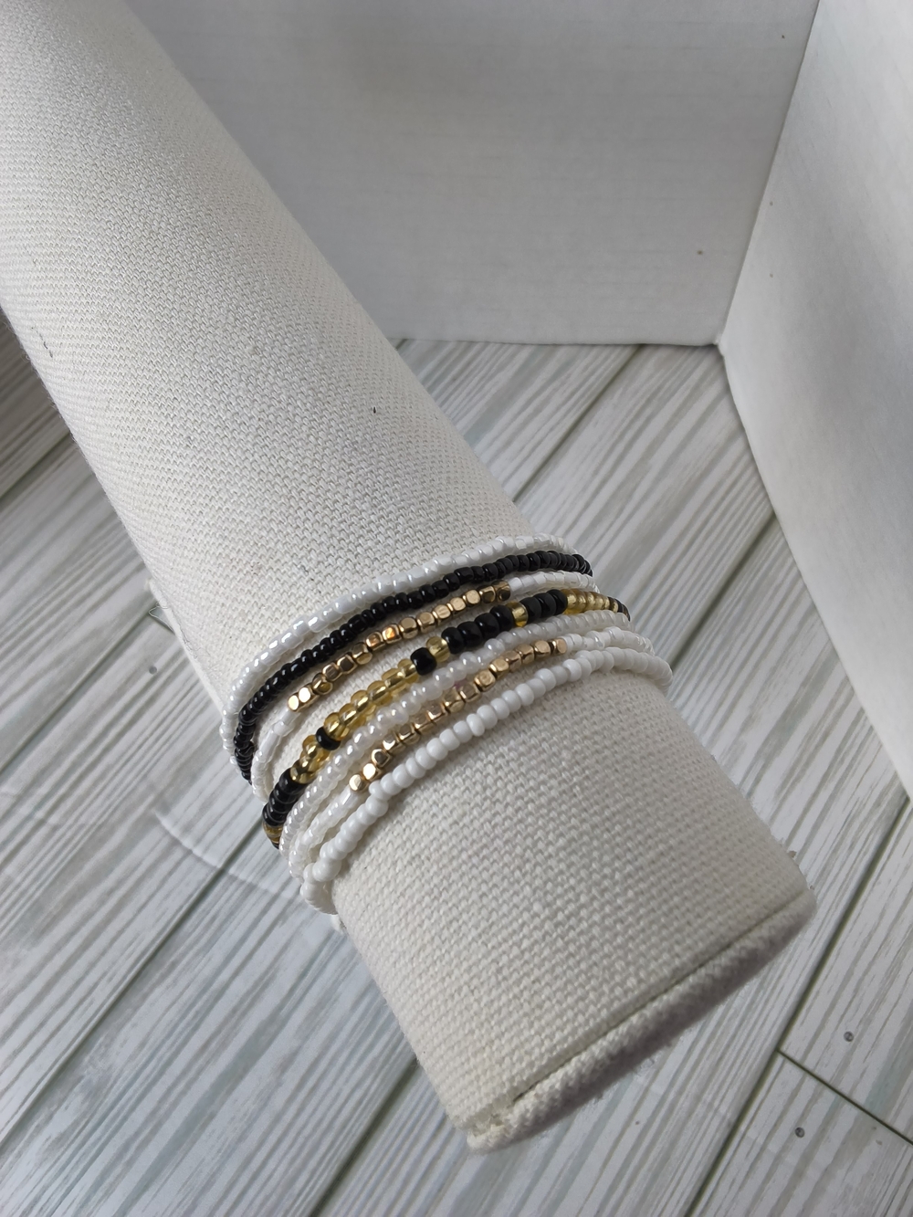 Multi-Strand White, Black & Gold Beaded Bracelet Stack